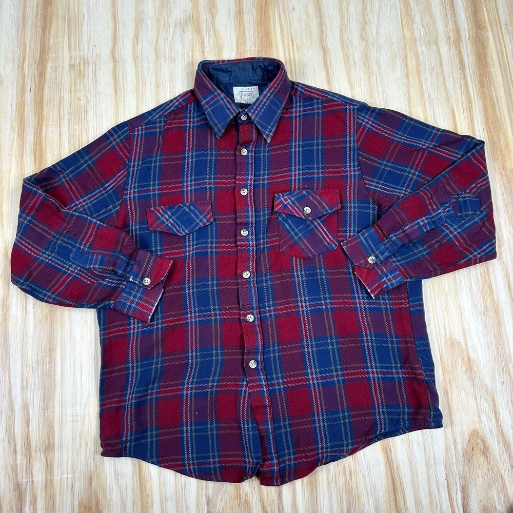 Vintage 70s Sears‎ Flannel Shirt Mens L Plaid Acrylic Dual Pocket Worn Wear
